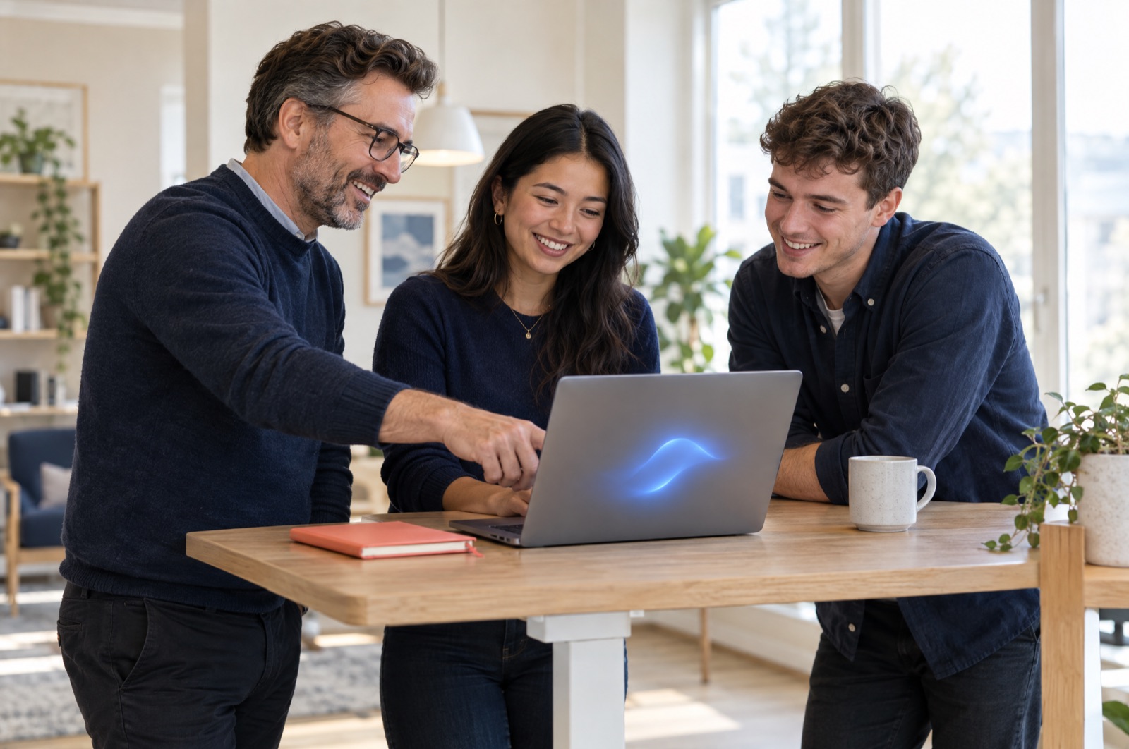 Drie collega's van een MSP kijken lachend samen naar een laptop